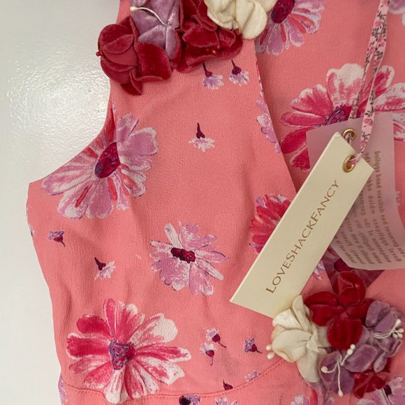 LoveShackFancy Shayna Mini Dress Daisy Print Flower Applique Tiered Skirt V-neck - Picture 10 of 13